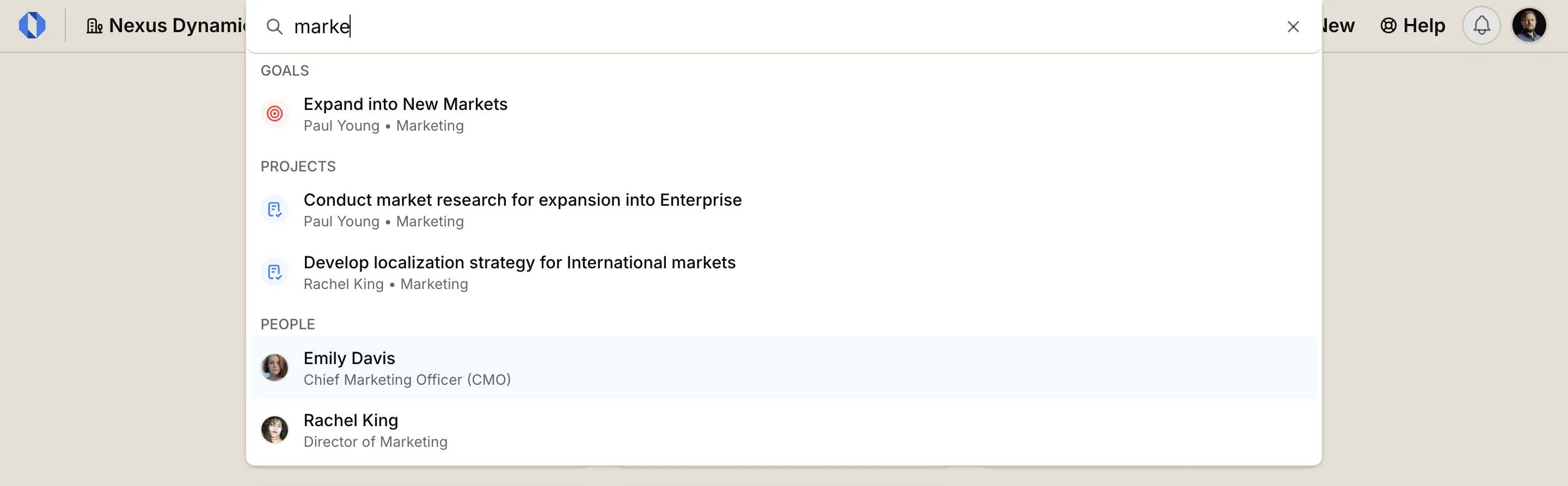 Screenshot: Space overview showing goals, projects, and discussions